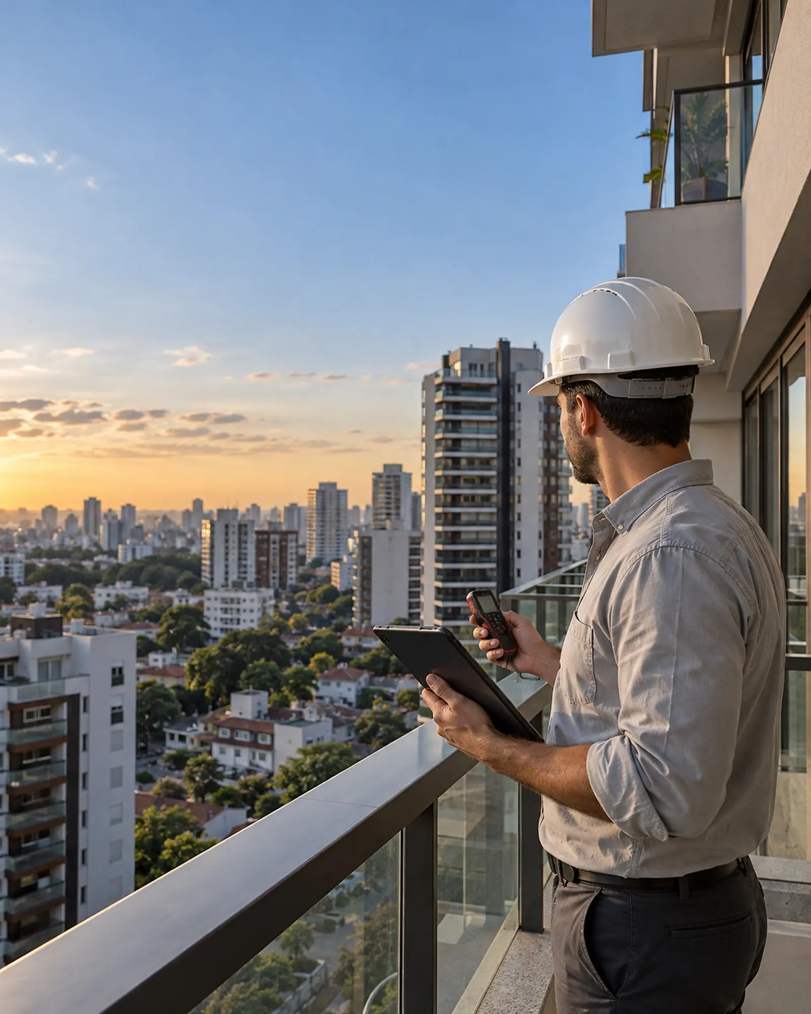 Engenheiro avaliando imóvel em uma varanda urbana