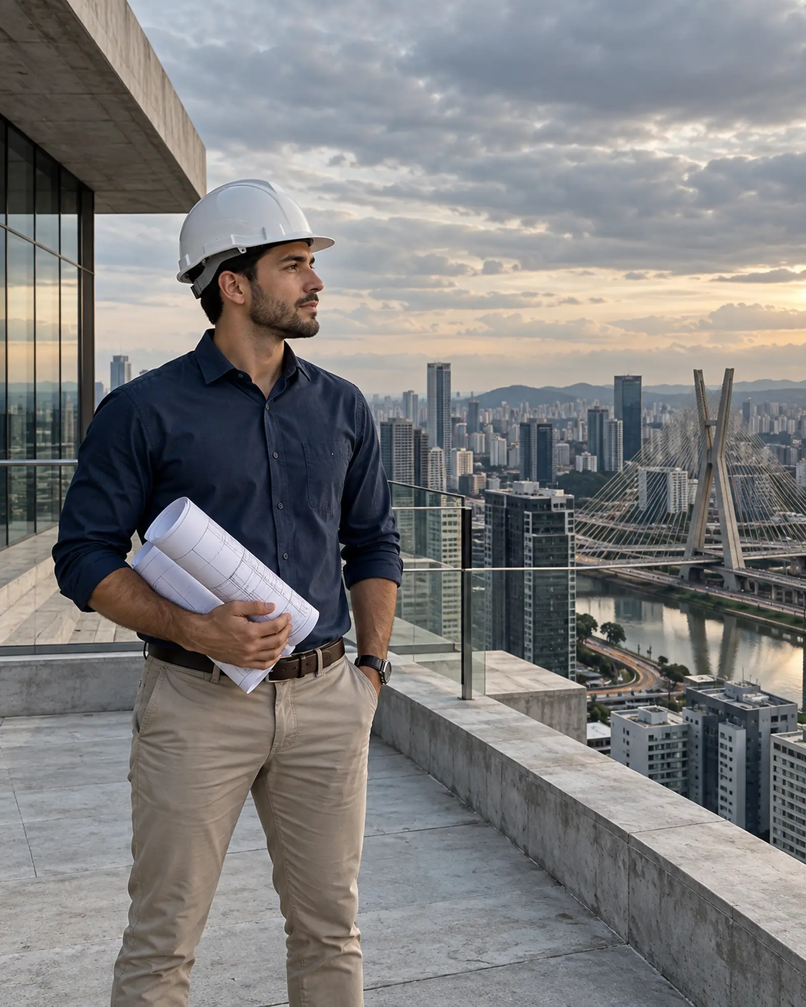 Engenheiro civil em visita técnica diante de uma cidade