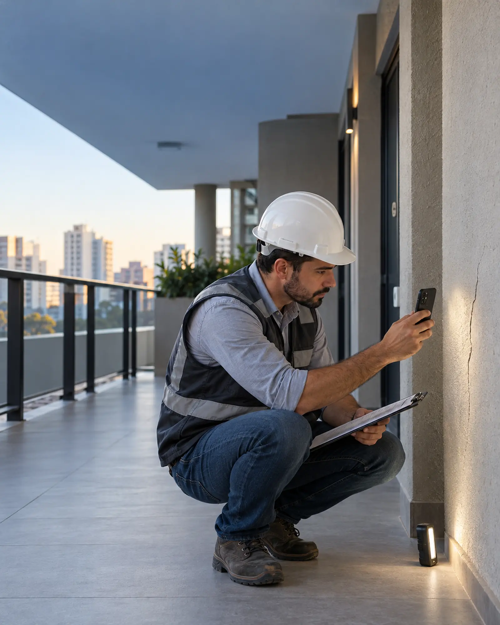 Engenheiro inspecionando fissura em edificação